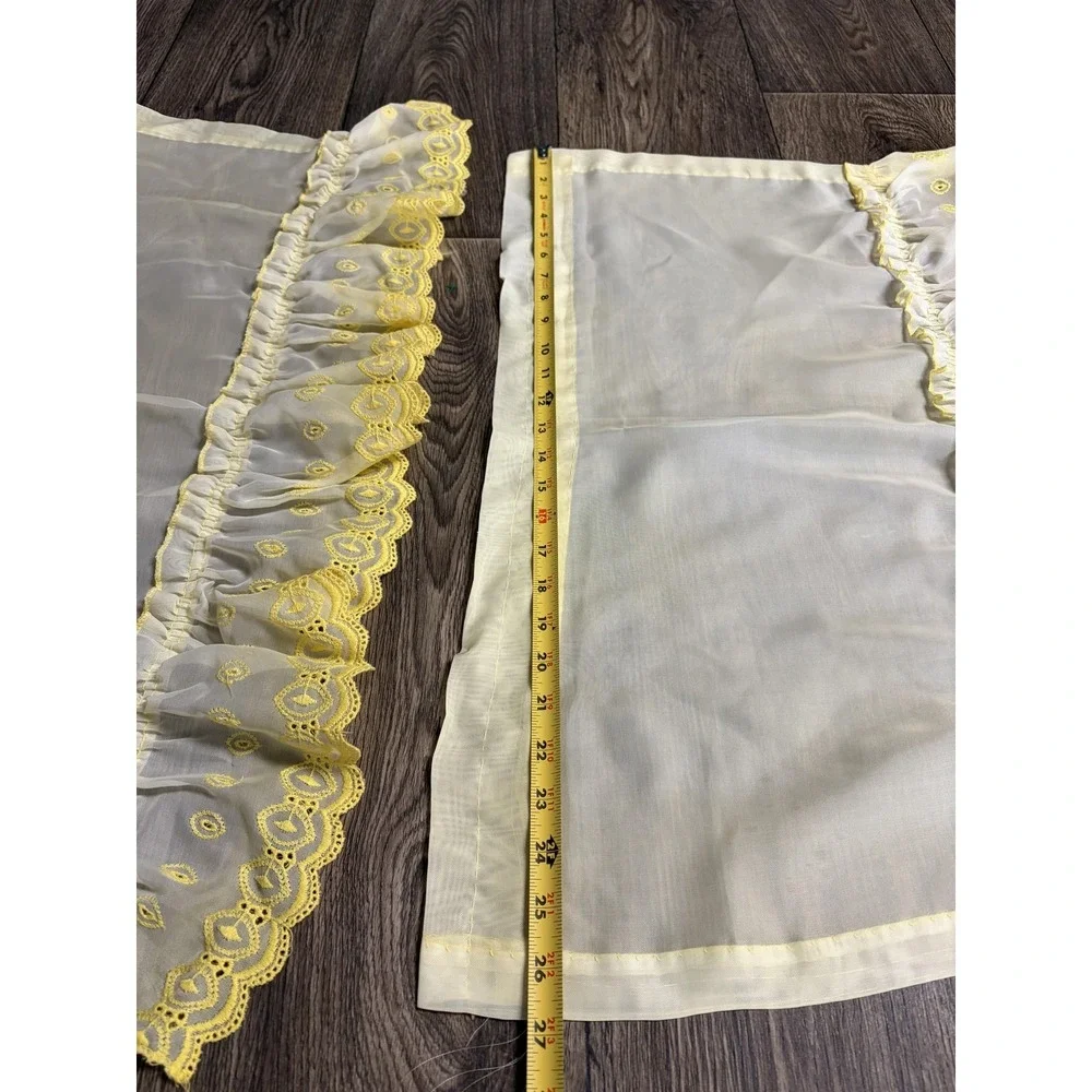 Yellow Ruffled Sheer Window Curtains‎ Set Valances Swags Embroidered Country